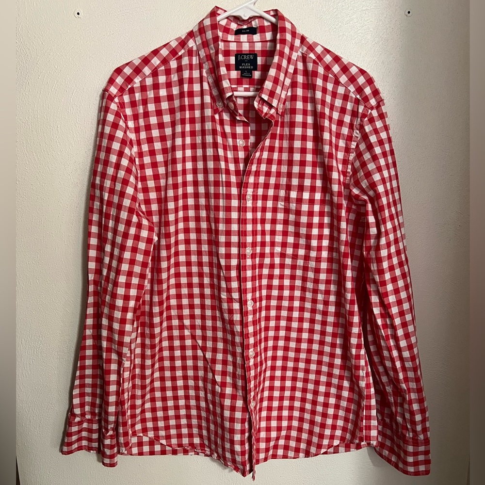 J CREW Slim Fit Flex Washed Red‎ and White Gingham Casual Button Down Men's Sz L